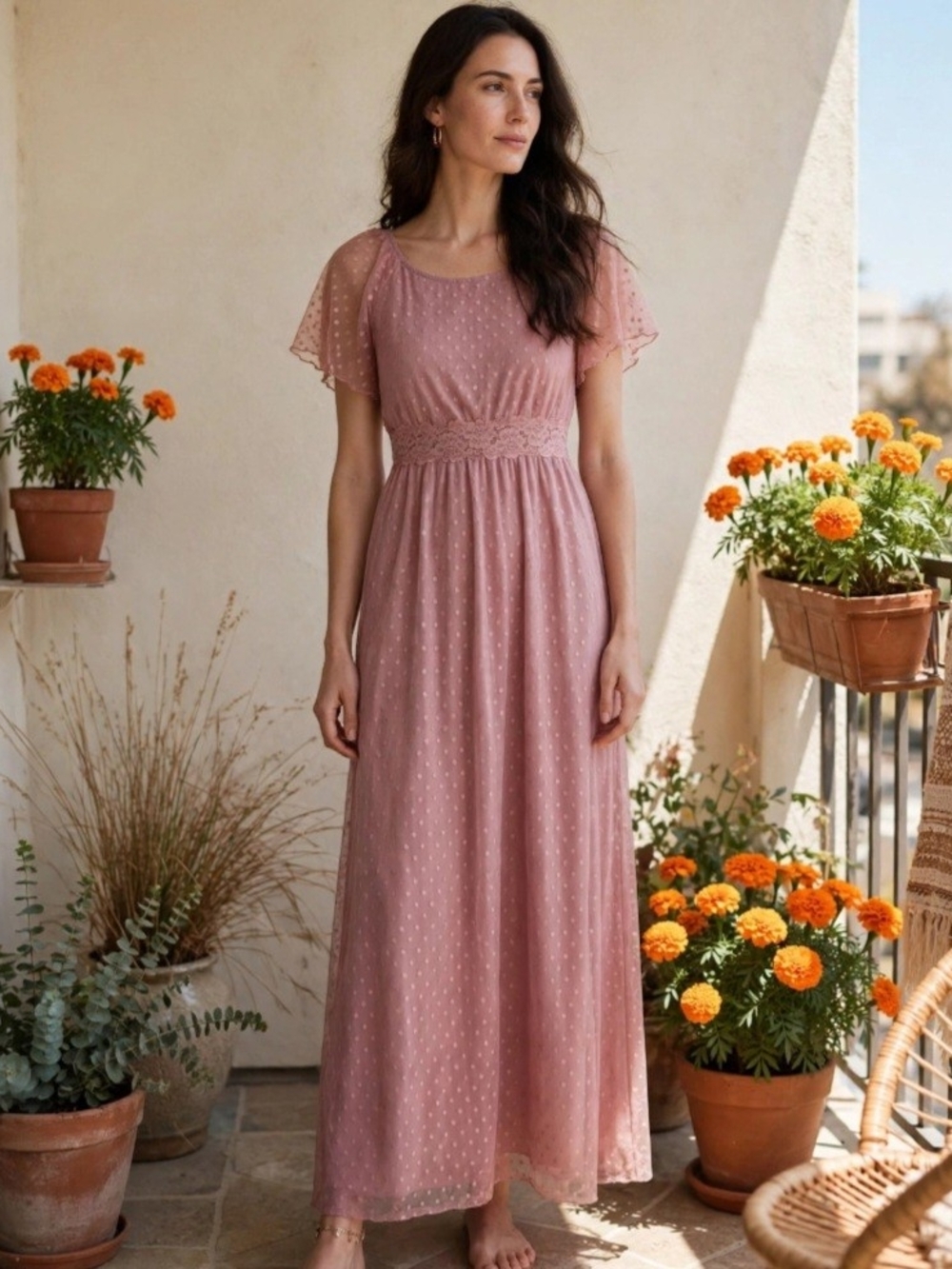 NWT Bloomchic 10 M Dusty Pink Swiss Dot Lace Flutter Maxi Dress